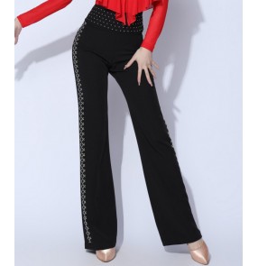 Women girls black red rhinestones competition ballroom latin dance pants wide leg modern high waist salsa chacha dance trousers for female